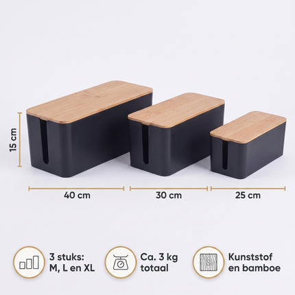 Cheqo® Kabelbox Set van 3 - Bamboe Deksel - Zwart - Specs v2
