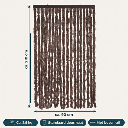 Cheqo® Vliegengordijn 90x210 cm Bruin - Insectengordijn - Deurgordijn - Kattenstaart - Horgordijn - Hordeur - Pluche Strengen - Chenille - Muggengordijn - Vliegenhor - Anti Insecten - voor Deur, Tuindeur, Balkondeur, Caravan en Camper - Specs