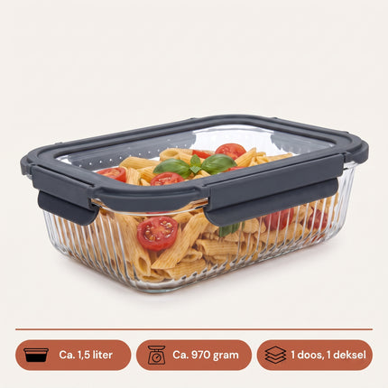 Cheqo® Glazen Vershouddoos - Vershoudbakje - Bewaardoos - Voedseldoos - Meal Prep Bakje - Voorraaddoos - Opbergdoos met Klemdeksel - Rechthoekig - Antraciet/Transparant - Grijs - voor Koelkast en Keukenkast - Eten en Restjes Bewaren - Specs