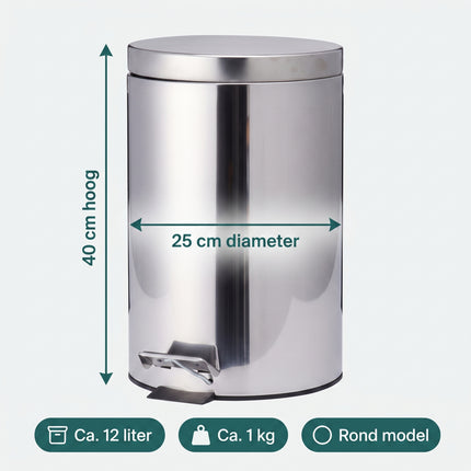 Cheqo® Pedaalemmer - Hoogglans RVS Prullenbak - Afvalemmer - Vuilnisbak - Afvalbak - Ronde Prullenbak met Binnenemmer - Pedaalemmer met Deksel en Voetpedaal - Prullenbak voor Keuken - Afvalemmer voor Badkamer en Toilet - Pedaalprullenbak - Specs