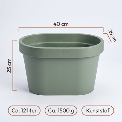 Cheqo® Balkonbak Saliegroen - Bloembak - Plantenbak voor Reling - Bloempot - Plantenpot - Hangende Plantenbak voor Balkonleuning - Ovale Balkonbak voor Buiten - Bloembak voor Balkon en Schutting - Groene Plantenbak voor Tuin en Terras - Specs (oude v2)