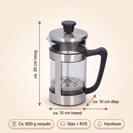 Cheqo® Cafetière - French Press - Koffiemaker - Koffiezetapparaat - Koffiepers - Koffiezetter - Coffee Maker - Glazen Kan met Filter - voor 8 Kopjes - RVS Houder - voor Verse Koffie - Handmatige Koffiezet met Zeef - Koffie Press voor Thuis - Specs v2