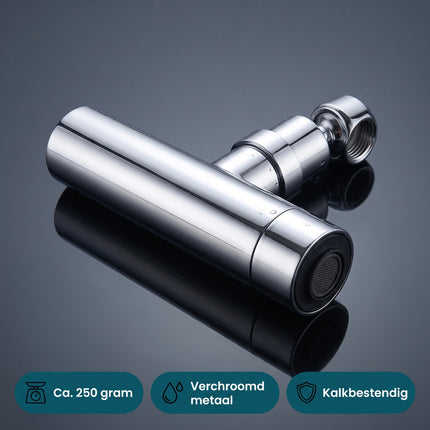 Cheqo® Kraan Opzetstuk - Kraanverlengstuk - Kraankop - Roterende Kraankop met Sproeikop voor Kraan - Draaibare Kraan - Keukenkraan Opzetstuk voor Badkamerkraan - Perlator - Straalregelaar met 3 Standen - Waterbesparend - 360 Graden Draaibaar - Specs v2
