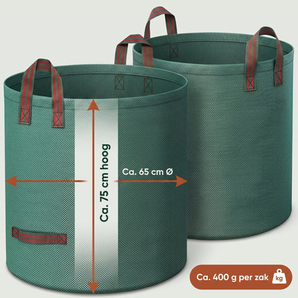 Cheqo® Tuinafvalzak Set van 2 - Tuinzak - Bladzak - Tuinvuilzak - Groenafvalzak - Bladerzak - Afvalzak voor Tuin - Opvouwbaar - Zelfstaand - met Handgrepen - Herbruikbaar - Waterdicht - voor Bladeren - Gras en Snoeiafval - Tuintas - Groen - Specs (oude v2)