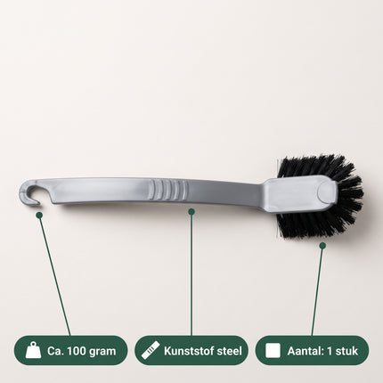Cheqo® Afwasborstel Lang Model - Paardenhaar Afwasborstel met Lange Steel en Ophanghaak - Vaatwasborstel - Keukenborstel - Pannenborstel - Afwaskwast - Spoelborstel - Schoonmaakborstel - Kunststof Borstel voor Pannen en Glazen - Zwart Zilver - Specs
