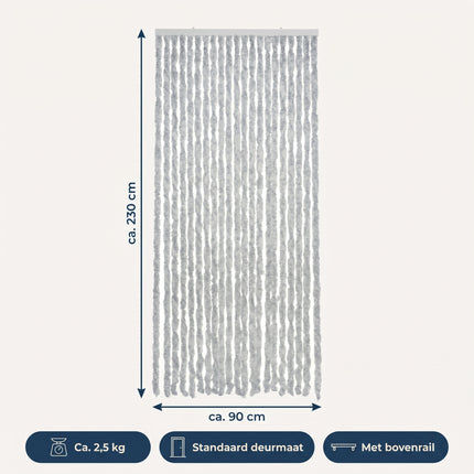 Cheqo® Vliegengordijn 90x230 cm Grijs/Wit - Insectengordijn - Deurgordijn - Kattenstaart - Horgordijn - Hordeur - Pluche Strengen - Chenille - Gemêleerd - Muggengordijn - Vliegenhor - Anti Insecten - voor Deur, Tuindeur, Caravan en Camper - Specs