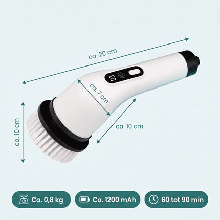 Cheqo® Elektrische Schoonmaakborstel - Elektrische Schrobber - Schrobborstel - Spin Scrubber - Roterend - Draadloos - Oplaadbaar - Schrobber met Steel - Verlengsteel - Poetsmachine - Luiwagen - voor Badkamer en Keuken - met 9 Opzetstukken - Specs