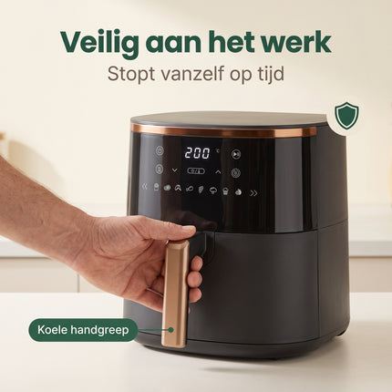 Cheqo® Airfryer - Hetelucht Friteuse - Heteluchtfriteuse - Friteuse zonder Olie - Luchtfriteuse met Digitaal Display en Touchscreen - 8 Automatische Programma's - Timer - Airfryer XL Zwart Goud - Frituurpan - Gezond Frituren voor het Hele Gezin - Bezwaarkiller