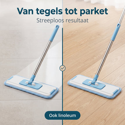 Cheqo® Platte Mop met Emmer - Vlakke Mop - Dweilset - Vloerwisser - Dweilsysteem - Zelfreinigende Mop met Uitwringfunctie - Microvezel Mop 360 Graden Draaibaar - Vloerreiniger - Mopset - Zwabber met Emmer - Vloermop met Telescopische Steel - Bezwaarkiller