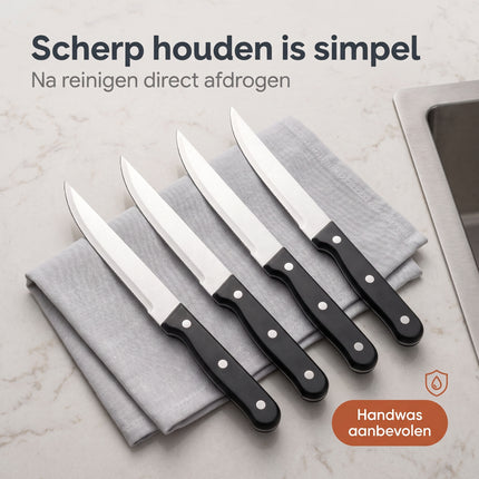 Cheqo® Steakmessen Set van 4 - Steakmes - Messenset met Gekarteld Lemmet - Kartelmessen - Tafelmessen - Vleesmessen - Vleesmes - BBQ Messen - Barbecue Messen - Steakmessenset - Scherpe Messen - Vaatwasserbestendig - Pizzames - Roestvrij Staal - Bezwaarkiller