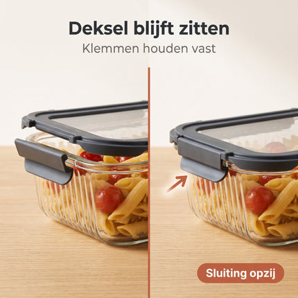 Cheqo® Glazen Vershouddoos - Vershoudbakje - Bewaardoos - Voedseldoos - Meal Prep Bakje - Voorraaddoos - Opbergdoos met Klemdeksel - Rechthoekig - Antraciet/Transparant - Grijs - voor Koelkast en Keukenkast - Eten en Restjes Bewaren - Bezwaarkiller