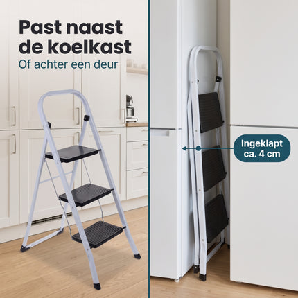 Cheqo® Huishoudtrap 3 Treden - Keukentrap Inklapbaar - Trapladder - Metalen Huishoudladder met Beugel - Keukentrapje - Opstapje - Vouwtrap - Huisladder - Trapje voor Thuis en Kantoor - Wit - Bezwaarkiller