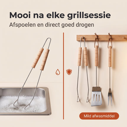 Cheqo® BBQ Gereedschapset 3-Delig - Barbecue Gereedschap met Houten Handvat - Barbecue Set - BBQ Bestek - Grillbestek - Barbecuetang - Grillspatel - Vleesvork - Barbecue Accessoires - Grill Set voor Buiten - Barbecuegerei - BBQ - Bezwaarkiller
