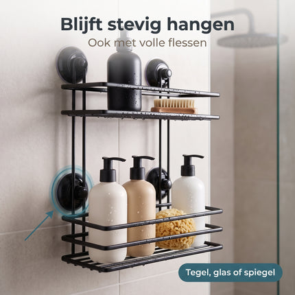Cheqo® Badkamerrek 2 Laags - Doucherek - Doucherekje - Zonder Boren - met Zuignap - Zelfklevend - Hangend - Opbergrek - Badrek - Douchemandje - Wandrek - Badkamer Organizer - voor Shampoo - voor Douche - Keukenrek - Zwart - Bezwaarkiller