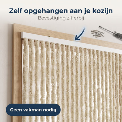 Cheqo® Vliegengordijn 90x210 cm Beige - Insectengordijn - Deurgordijn - Kattenstaart - Horgordijn - Hordeur - Pluche Strengen - Chenille - Muggengordijn - Vliegenhor - Anti Insecten - Creme - voor Deur, Tuindeur, Balkondeur, Caravan en Camper - Bezwaarkiller