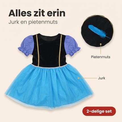 Cheqo® Pietenjurk Kind 110-116 - Paars Blauw - Sinterklaas Verkleedkleding - Pieten Kostuum voor Kinderen - Pietenpak voor Meisjes - Verkleden als Piet - Jurk met Pofmouwen en Pietenmuts - Pakjesavond en Intocht - ca. 5-6 Jaar - Bezwaarkiller