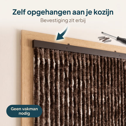 Cheqo® Vliegengordijn 90x210 cm Bruin - Insectengordijn - Deurgordijn - Kattenstaart - Horgordijn - Hordeur - Pluche Strengen - Chenille - Muggengordijn - Vliegenhor - Anti Insecten - voor Deur, Tuindeur, Balkondeur, Caravan en Camper - Bezwaarkiller