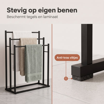Cheqo® Handdoekrek - Handdoekenrek - Handdoekhouder Staand - Vrijstaand Handdoekrek voor Badkamer - Handdoekstang met 3 Stangen - zonder Boren - Handdoekhanger - Handdoekdroogrek - Extra Breed - voor Keuken - Badkameraccessoires - Mat Zwart - Bezwaarkiller (oude v0)