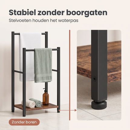 Cheqo® Handdoekenrek - Handdoekrek Staand - Handdoekhouder Vrijstaand - Badkamer en Keuken - Handdoekrek met Plank - 2 Stangen - Zonder Boren - Handdoekenhouder - Handdoekdroogrek Industrieel - Handdoekstandaard - Gastendoekhouder - Zwart - Bezwaarkiller