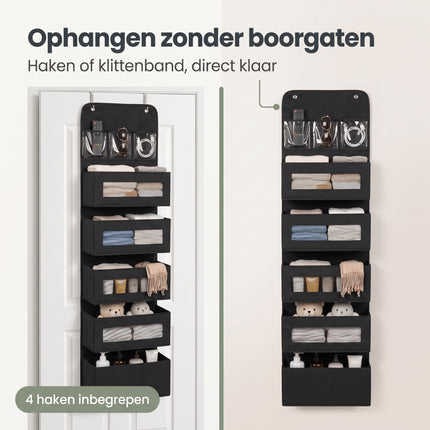 Cheqo® Deur Organizer met 5 Vakken - Hangende Opberger - Opbergzak voor Deur - Deurhanger Opberger - Hangorganizer - Deurrek - Opbergrek Hangend - Kast Organizer - Wandorganizer - Opbergtas voor Kledingkast - Slaapkamer - Kinderkamer - Zwart - Bezwaarkiller