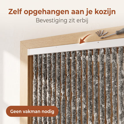 Cheqo® Vliegengordijn 90x210 cm Grijs Gemêleerd - Insectengordijn - Deurgordijn - Kattenstaart - Horgordijn - Hordeur - Pluche Strengen - Chenille - Muggengordijn - Vliegenhor - Anti Insecten - voor Deur, Tuindeur, Balkondeur, Caravan en Camper - Bezwaarkiller