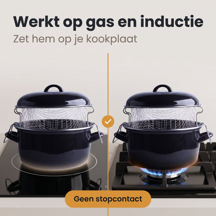 Cheqo® Frituurpan Emaille met Mandje - Friteuse met Inzet en Deksel - Frietpan - Oliebollenpan - Oliepan - Frituurmand - Geschikt voor Inductie en Gasfornuis - Frituren op het Fornuis - voor Friet en Snacks - voor Oud en Nieuw - Zwart - Bezwaarkiller