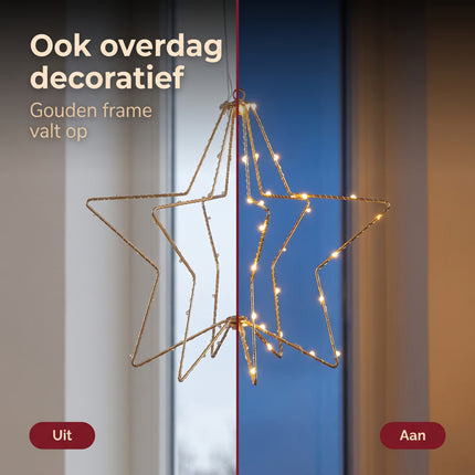 Cheqo® LED Kerstster met Kerstlampjes - Gouden Kerstster met Verlichting - Verlichte 3D Ster Hangend op Batterijen - Kerstverlichting voor Binnen - Kerstdecoratie - Sfeerverlichting - Raamdecoratie - Warm Wit Licht - Kerstfiguur - Bezwaarkiller