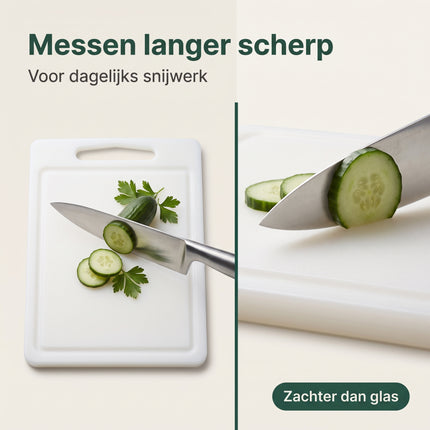 Cheqo® Snijplank - Kunststof Snijplank Wit met Handvat en Lekrand - Sapgroef - Plastic Snijplank - Keukenplank - Snijplank voor Vlees - Groente - Fruit en Vis - Broodplank - Serveerplank - Borrelplank - Tapasplank - Kaasplank - Grote Snijplank - Bezwaarkiller