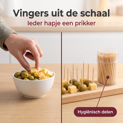 Cheqo® Cocktailprikkers 500 Stuks - Houten Tandenstokers - Dubbelzijdig - Tandenstokers in Koker met Deksel - Hapjesprikkers - Tapas Prikkers - Borrelprikkers - Cocktailprikkers voor Kerst en Nieuwjaarsborrel - Toothpicks - Bezwaarkiller