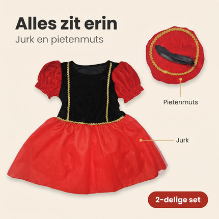 Cheqo® Pietenjurk Kind 98-104 - Zwart Rood - Sinterklaas Verkleedkleding - Pieten Kostuum voor Kinderen - Pietenpak voor Meisjes - Verkleden als Piet - Jurk met Pofmouwen en Pietenmuts - Pakjesavond en Intocht - ca. 3-4 Jaar - Bezwaarkiller