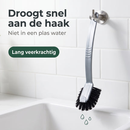 Cheqo® Afwasborstel Lang Model - Paardenhaar Afwasborstel met Lange Steel en Ophanghaak - Vaatwasborstel - Keukenborstel - Pannenborstel - Afwaskwast - Spoelborstel - Schoonmaakborstel - Kunststof Borstel voor Pannen en Glazen - Zwart Zilver - Bezwaarkiller