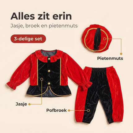Cheqo® Pietenpak Kind 98-104 - Zwart Rood - Sinterklaas Verkleedkleding - Pieten Kostuum voor Kinderen - Pietenpak voor Jongens en Meisjes - Verkleden als Piet - Jasje en Pofbroek met Pietenmuts - Pakjesavond en Intocht - ca. 3-4 Jaar - Leveromvang