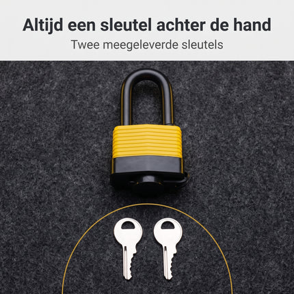 Cheqo® Hangslot met Sleutel - Weerbestendig Hangslot - Waterdicht Veiligheidsslot - Beugelslot met Lange Beugel - Hangsloten voor Buiten - Slot voor Schuur - Tuinpoort - Hek - Kluisje en Gereedschapskist - Zwart/Geel - Padlock - Hangslotje - Leveromvang