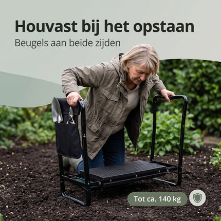 Cheqo® Kniebank - Tuinkruk - Kniebank voor Tuinieren - Tuinkrukje - Knielbank - Tuinknieler - Zitbankje - Kniebankje - Inklapbaar en Opvouwbaar met Kniekussen - Kniesteun - met Gereedschapstas - voor Senioren - Tuinbank - Kleur Zwart - Bezwaarkiller