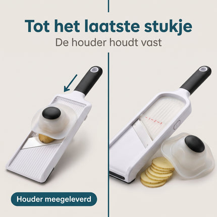 Cheqo® Mandoline - Groentesnijder - Handmandoline met Veiligheidshouder - Groenteschaaf - Keukenmandoline - Komkommerschaaf - Keukensnijder - Aardappelschaaf - Uiensnijder - Fruitsnijder - Snijhulp voor Groente en Fruit - Wit/Zwart - Bezwaarkiller
