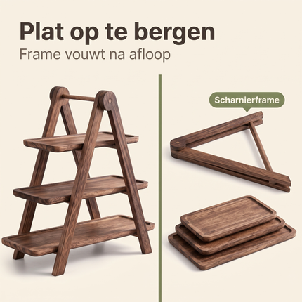 Cheqo® Etagere 3 Laags - Hout - Serveertoren - Serveerschaal - Serveerplank - Hapjesschaal - Fruitschaal - Serveerplateau - High Tea - Borrelplank - Tapasplank - Taartstandaard - Cupcake Standaard - Inklapbaar - Dienblad - Kaasplank - Bezwaarkiller (v2)