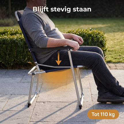 Cheqo® Campingstoel Donkerblauw - Opvouwbaar - Klapstoel - Vouwstoel - Kampeerstoel - Strandstoel - Tuinstoel - Visstoel - Aluminium Frame - met Armleuningen - Hoge Rugleuning - Lichtgewicht - Festivalstoel - voor Camping, Tuin en Balkon - Bezwaarkiller