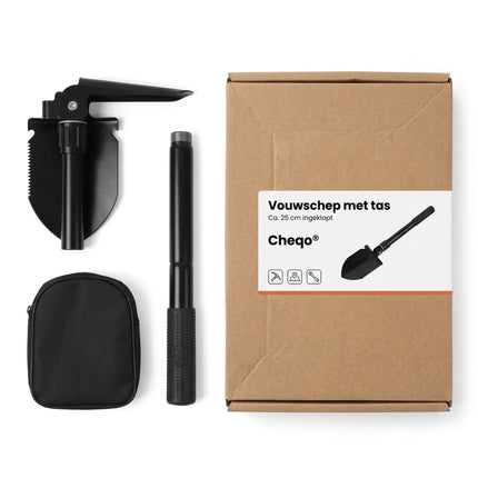 Cheqo® Vouwschep met Draagtas - Opvouwbare Schep - Pioniersschep - Klapschep - Veldschep - Legerschep - Survival Schep - Campingschep met Houweel - Pikhouweel - Multifunctionele Schep - Klapspade - Schop met Zaag - Tuinschep voor Camping en Auto - Verpakking