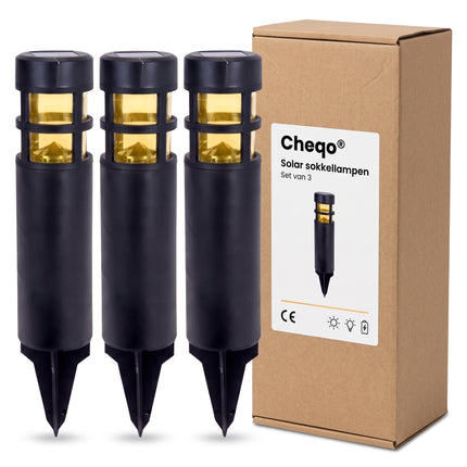 Cheqo® Solar Sokkellamp Set van 3 - Tuinlamp op Zonne-energie - Sokkelverlichting - Tuinbolderlamp - Solar Lampen Buiten - Borderverlichting met Grondspies - Amber Sfeerlicht - Verlichting zonder Stroom - Buitenverlichting - Solar Tuinlampjes - Verpakking