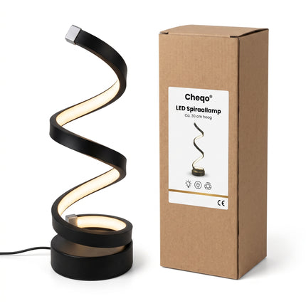 Cheqo® LED Tafellamp - Spiraal Tafellamp - Modern Spiraal Design - Dimbaar - Touch Bediening - Bureaulamp - Sfeerlamp - Nachtlamp - Bedlampje voor Slaapkamer en Woonkamer - Decoratieve Verlichting voor Nachtkastje - Zwart - USB - Verpakking