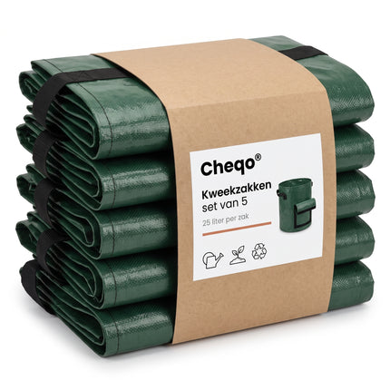 Cheqo® Kweekzakken Set van 5 - Aardappelzak met Oogstvenster - Groeizak - Plantenzak - Aardappels Kweken - Wortelzak - Moestuinzak voor Balkon en Terras - Grow Bag - Kweekpot met Handvatten - Groenten en Kruiden Zelf Kweken - Verpakking