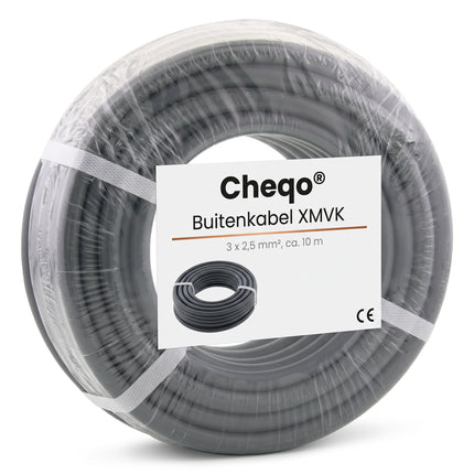 Cheqo® Buitenkabel 3 X 2.5 mm² 10 m - XMVK Kabel - Installatiekabel voor Binnen en Buiten - Elektrakabel voor Bovengronds Gebruik - Kabel voor Tuinverlichting en Buitenlamp of Buitenstopcontact - Tuinkabel - Grijs - Stroomkabel - Verpakking