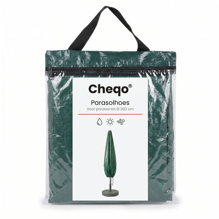 Cheqo® Parasolhoes - Beschermhoes Parasol - Afdekhoes Parasol - Hoes voor Parasol - Staande Parasol Hoes - Waterdicht en Weerbestendig - UV Bestendig - met Rits - Regenhoes - Tuinmeubelhoes - Parasol Cover - Winterhoes voor Tuin - Donkergroen - Verpakking