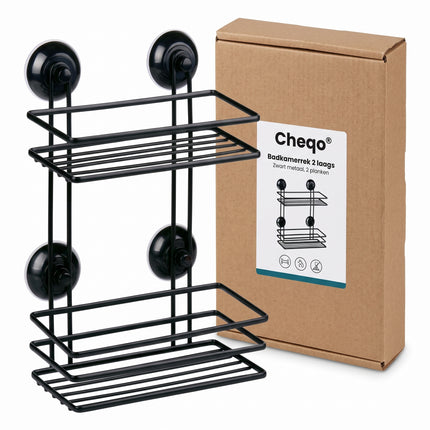 Cheqo® Badkamerrek 2 Laags - Doucherek - Doucherekje - Zonder Boren - met Zuignap - Zelfklevend - Hangend - Opbergrek - Badrek - Douchemandje - Wandrek - Badkamer Organizer - voor Shampoo - voor Douche - Keukenrek - Zwart - Verpakking