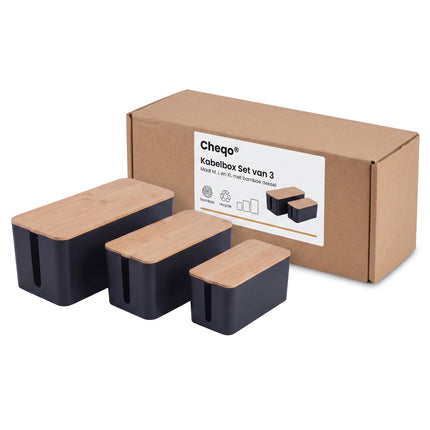Cheqo® Kabelbox Set van 3 - Bamboe Deksel - Zwart - Verpakking