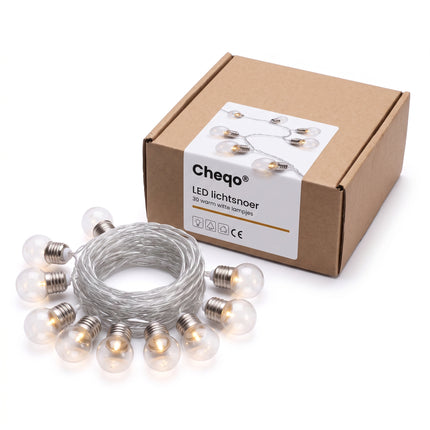 Cheqo® LED Lichtsnoer met 30 Lampjes Warm Wit - Feestverlichting - Lichtslinger - Sfeerverlichting - Party Lights - Batterijverlichting - LED Bolletjes - Tuinverlichting - Terrasverlichting - Tuinfeest - Kerstverlichting voor Binnen en Buiten - Verpakking