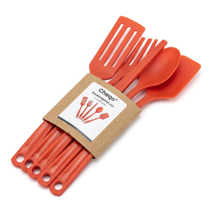 Cheqo® Keukengerei Set van 5 - Kookgerei - Spatelset - Kunststof Keukengereedschap - Keukenhulpen - Keukenbenodigdheden - Kookgereedschap - Spatel en Opscheplepel - voor Camping en Caravan - voor Studentenkamer - Verpakking