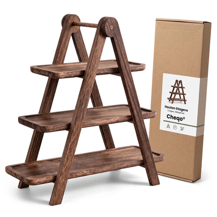 Cheqo® Etagere 3 Laags - Hout - Serveertoren - Serveerschaal - Serveerplank - Hapjesschaal - Fruitschaal - Serveerplateau - High Tea - Borrelplank - Tapasplank - Taartstandaard - Cupcake Standaard - Inklapbaar - Dienblad - Kaasplank - Verpakking