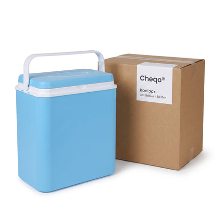 Cheqo® Koelbox 30 Liter - Passieve Koelbox zonder Stroom - Draagbare Koelbox met Handvat - Koelbox voor Camping en Strand - Picknick Koelbox - Koelbox Auto - Koeltas - Frigobox - Koelkist - Koelbox voor Festival en Visserij - Lichtblauw - Verpakking