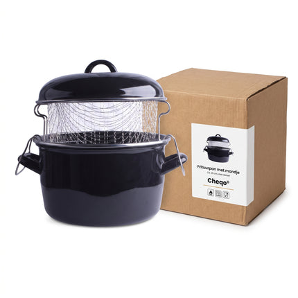 Cheqo® Frituurpan Emaille met Mandje - Friteuse met Inzet en Deksel - Frietpan - Oliebollenpan - Oliepan - Frituurmand - Geschikt voor Inductie en Gasfornuis - Frituren op het Fornuis - voor Friet en Snacks - voor Oud en Nieuw - Zwart - Verpakking